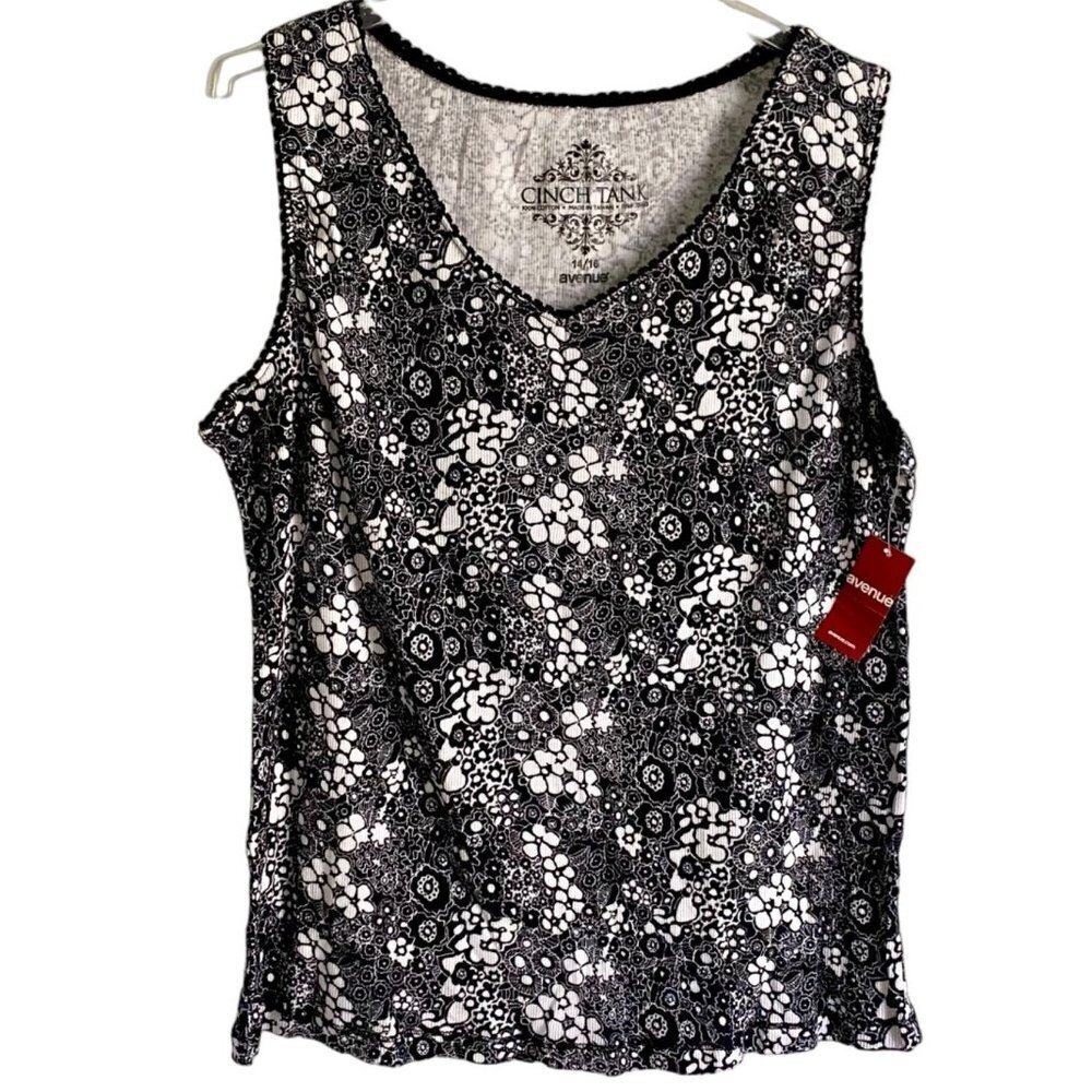 Avenue Black White Cinch Tank Sleeveless Cotton Ribbed Top Size 14/16 NEW NWT